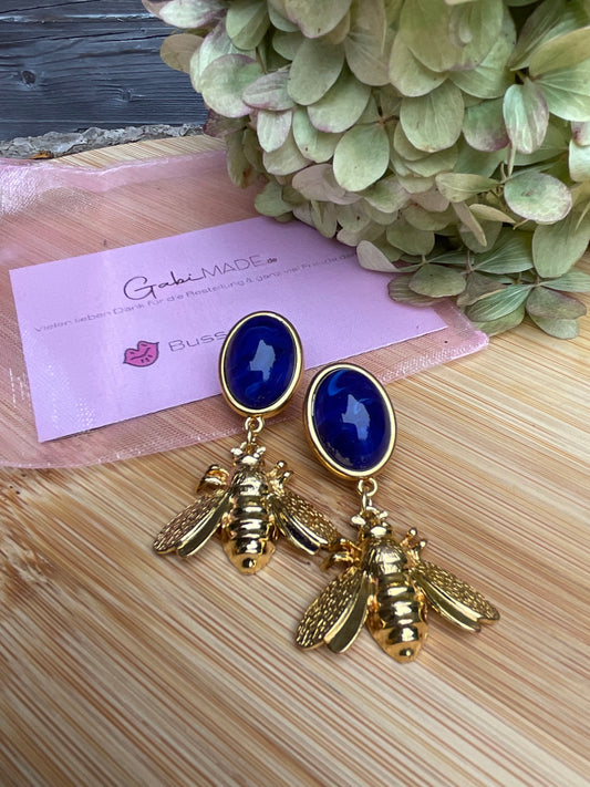 Ohrringe mir einem blauen Stein und goldener Biene 